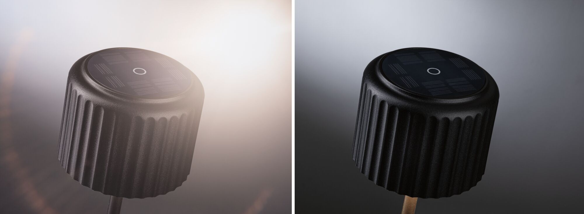Black ribbed solar garden spotlight with round solar panel and stake for outdoor lighting