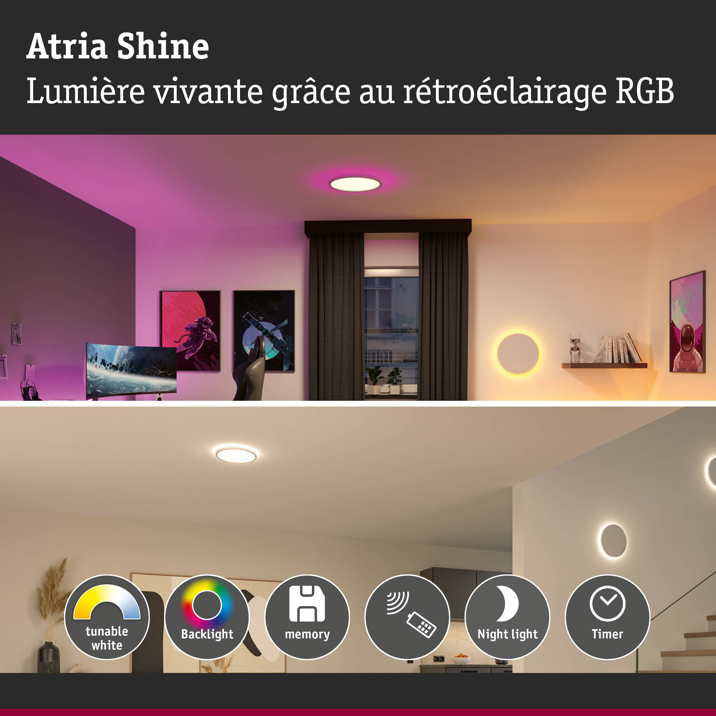 Plafonnier rond avec rétroéclairage RGB et lumière blanche réglable dans un salon moderne