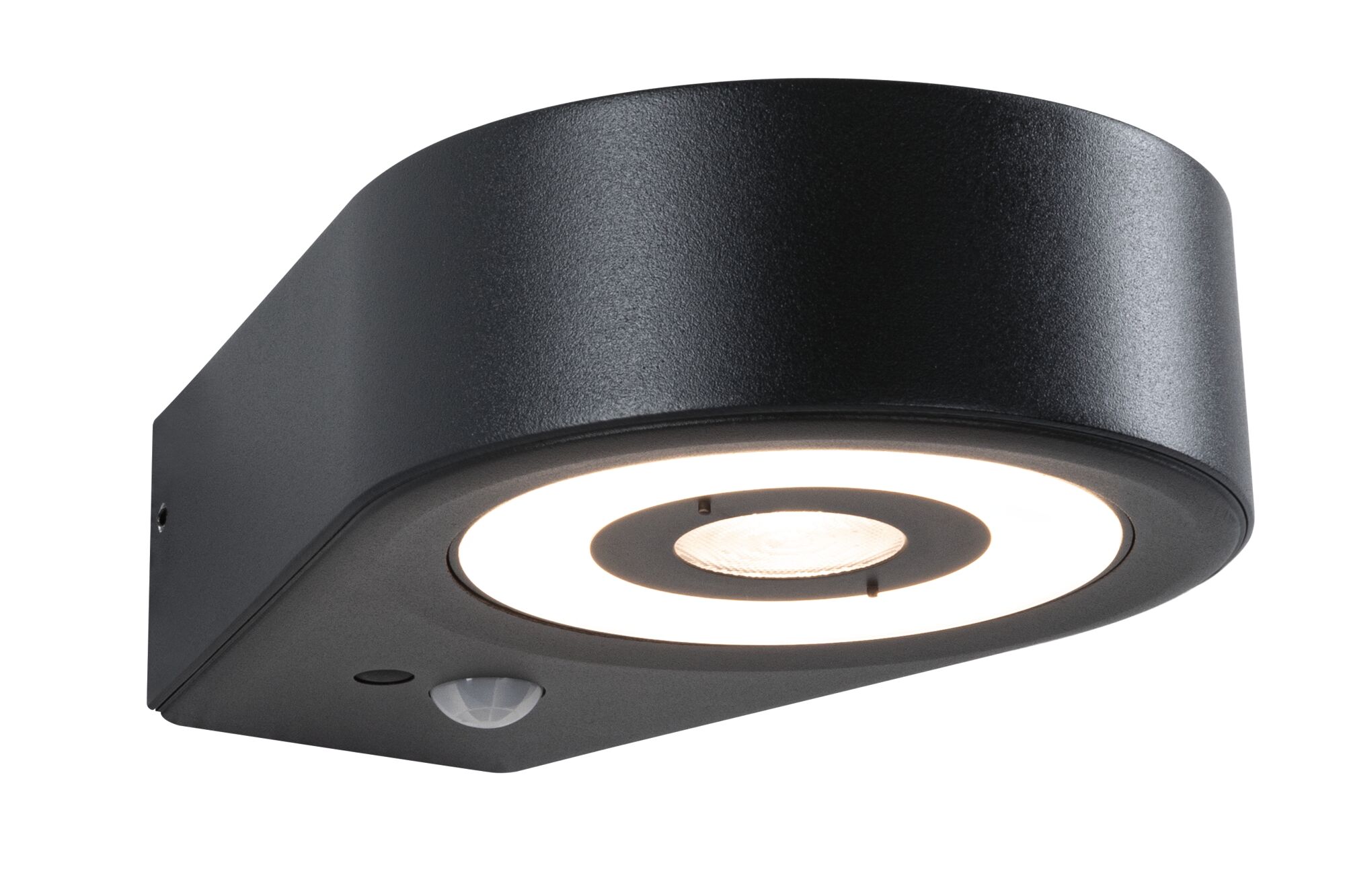 Schwarze LED-Wandleuchte aus Metall mit Bewegungsmelder und rundem Lichtring für Außenbeleuchtung