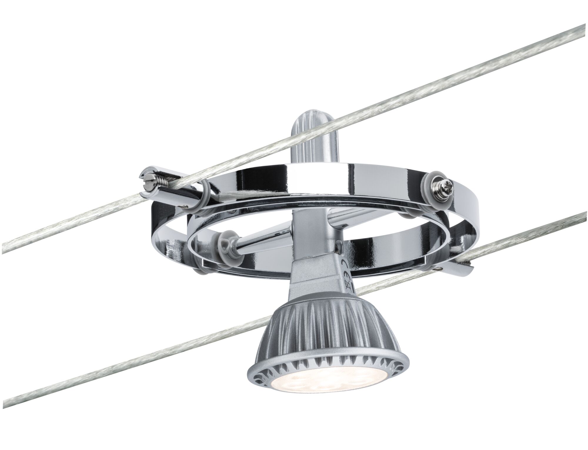 Modern silver metal LED cable spotlight with adjustable lamp head for versatile lighting solutions