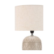 Lampe de table avec abat-jour en tissu crème et base en céramique grise à motif floral, éclairage intérieur