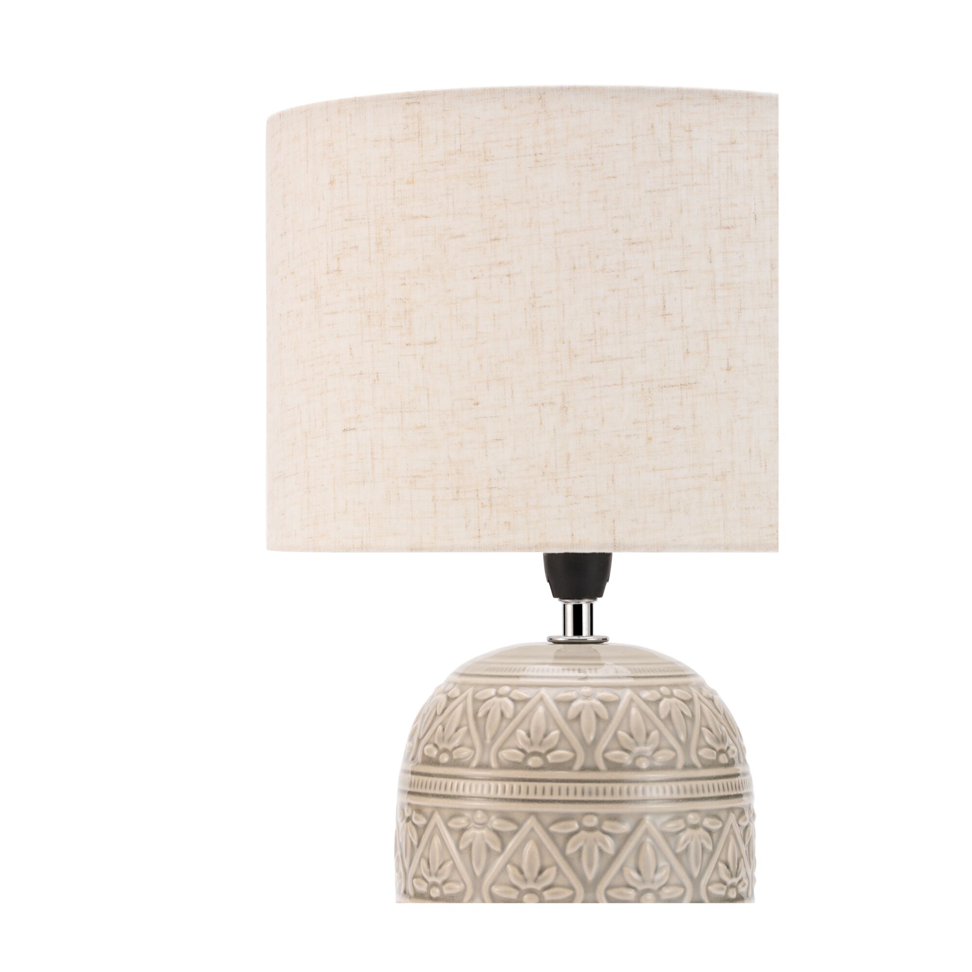 Lampe de table avec abat-jour en tissu crème et base en céramique grise à motif floral, éclairage intérieur