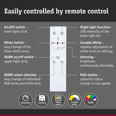 White remote control for dimmable RGBW LED lighting with adjustable white tones and colour modes