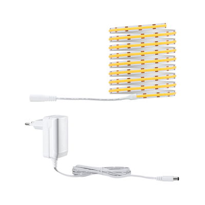 Flexible white LED strip with power adapter, warm white light for versatile lighting solutions.