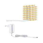 Flexibles LED-Lichtband in Weiß mit Netzteil, warmweißes Licht für vielseitige Beleuchtung.