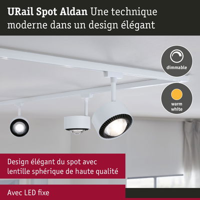 Spot URail Aldan blanc avec lentille sphérique LED fixe et éclairage dimmable blanc chaud