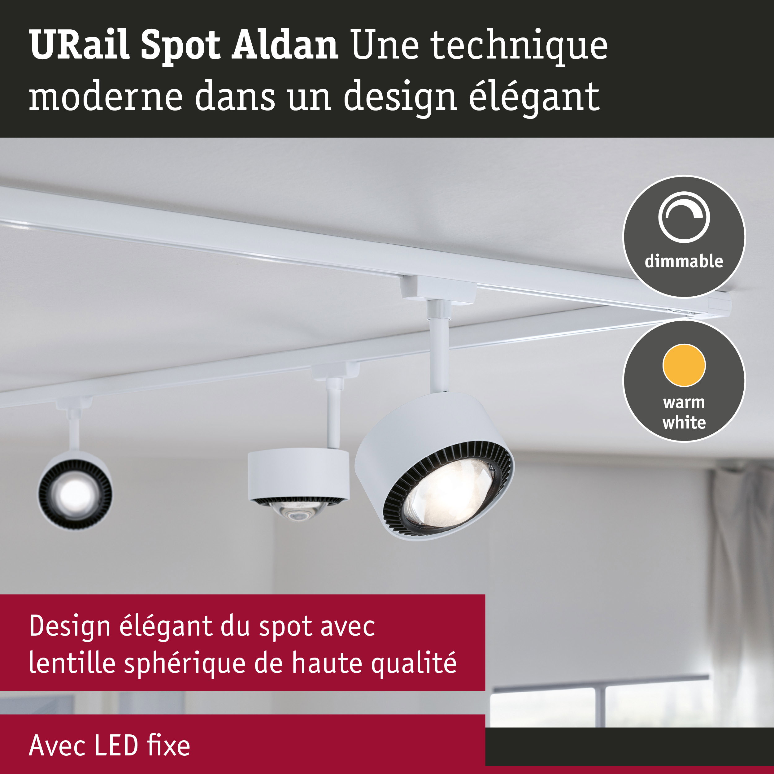 Spot URail Aldan blanc LED avec lumière blanche chaude dimmable et design moderne élégant