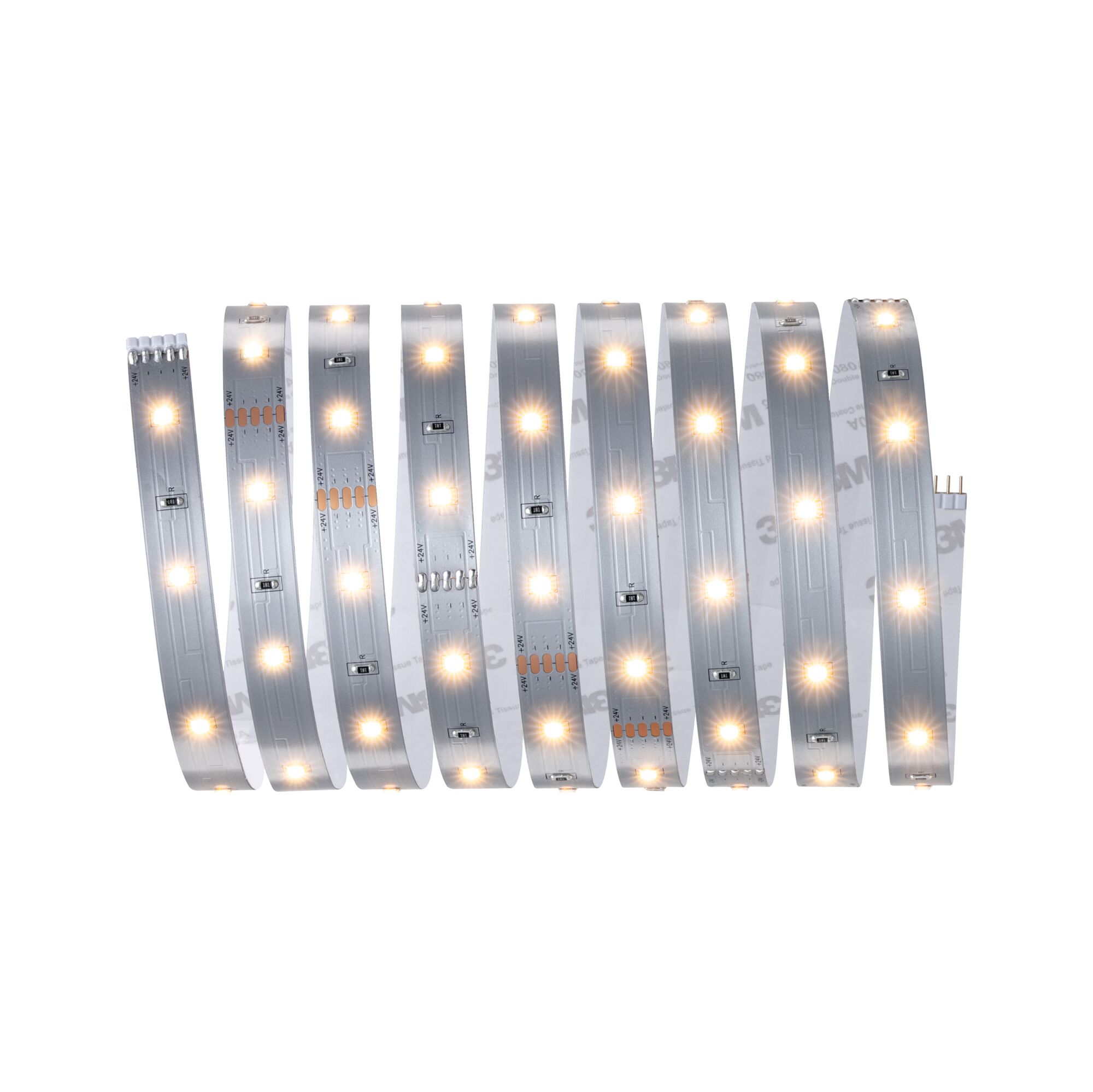 Flexible LED strip with warm white lights on silver board for modern indoor lighting solutions