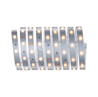 Flexible LED strip with warm white lights on silver board for modern indoor lighting solutions