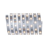 Flexible LED strip with warm white lights on silver board for modern indoor lighting solutions