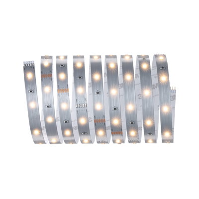 Flexible LED strip with warm white lights on silver board for modern indoor lighting solutions