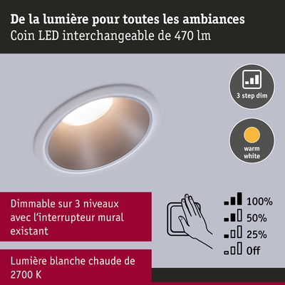 Spot LED encastré blanc avec lumière blanc chaud et gradation en 3 niveaux pour ambiance