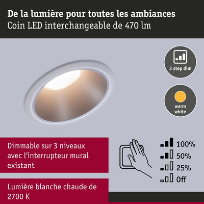 Spot LED encastré blanc avec lumière blanc chaud et gradation en 3 niveaux pour ambiance