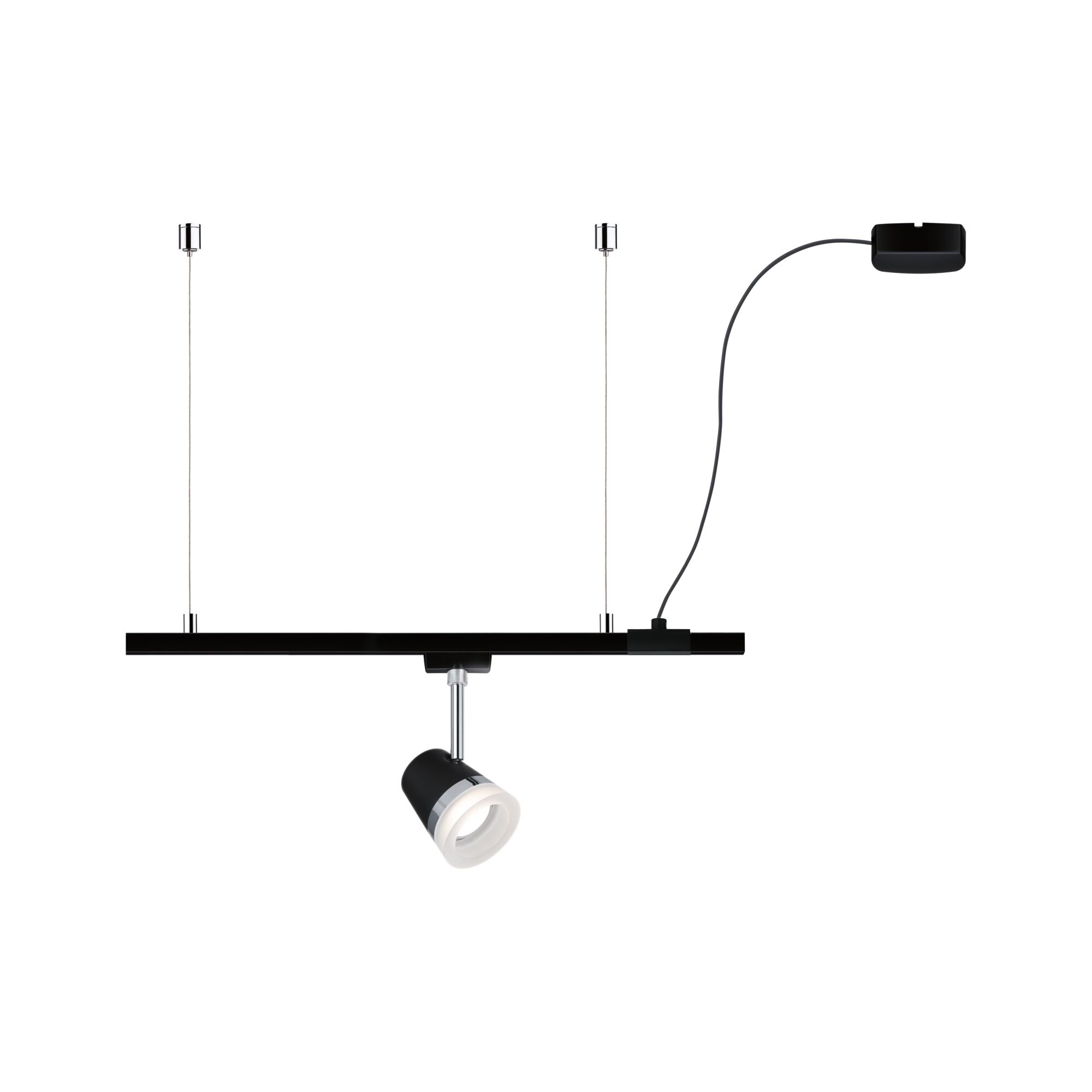 Black LED track light with adjustable spotlight and silver accents for modern indoor lighting