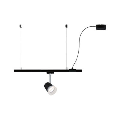 Black LED track light with adjustable spotlight and silver accents for modern indoor lighting