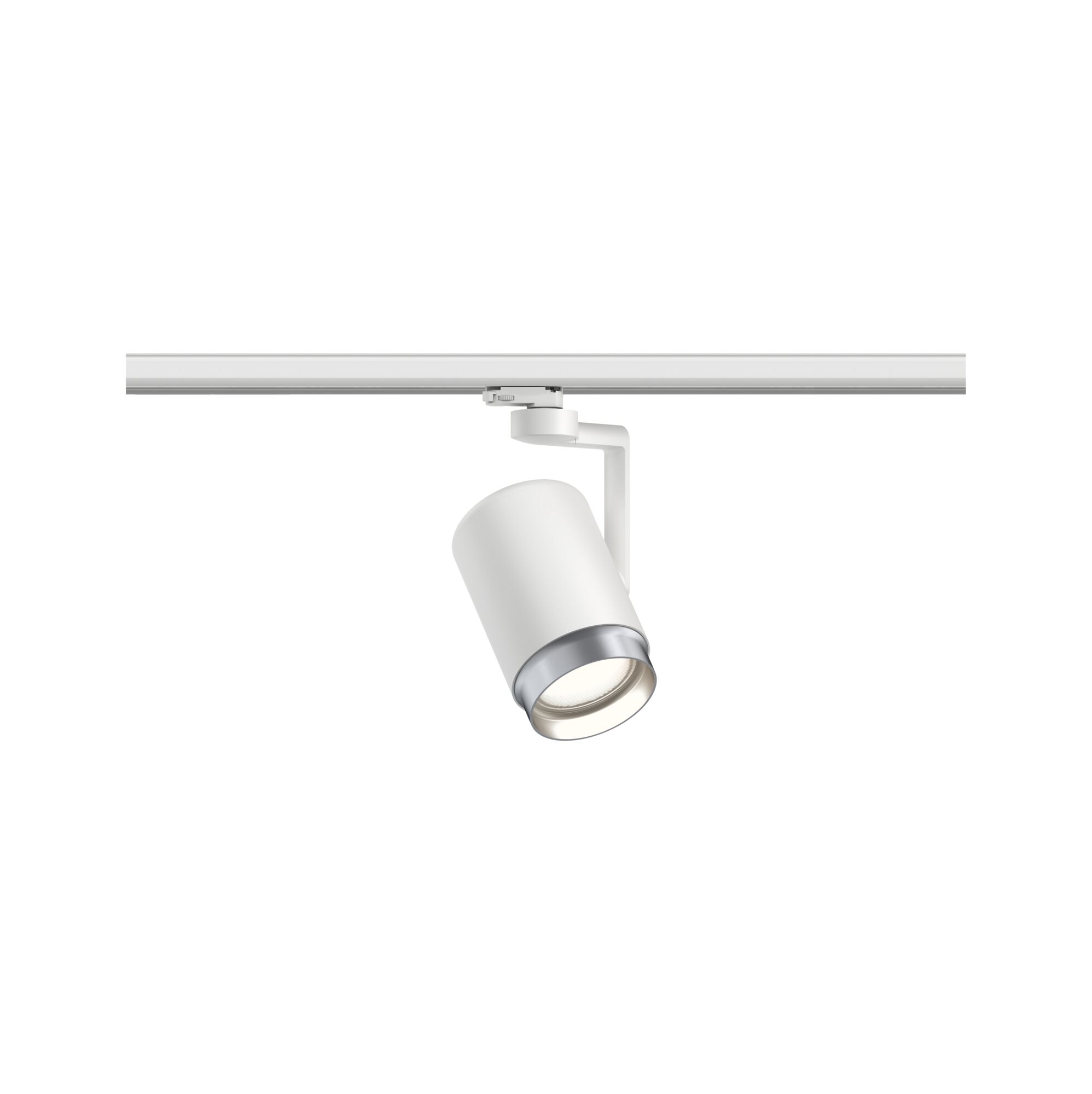 Weißer LED-Strahler aus Metall an Schienensystem für flexible Raumbeleuchtung