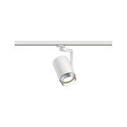 Weißer LED-Strahler aus Metall an Schienensystem für flexible Raumbeleuchtung