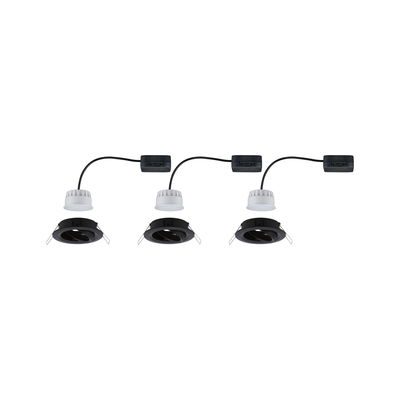 Three white LED recessed spotlights with black frame and cable for modern lighting solutions