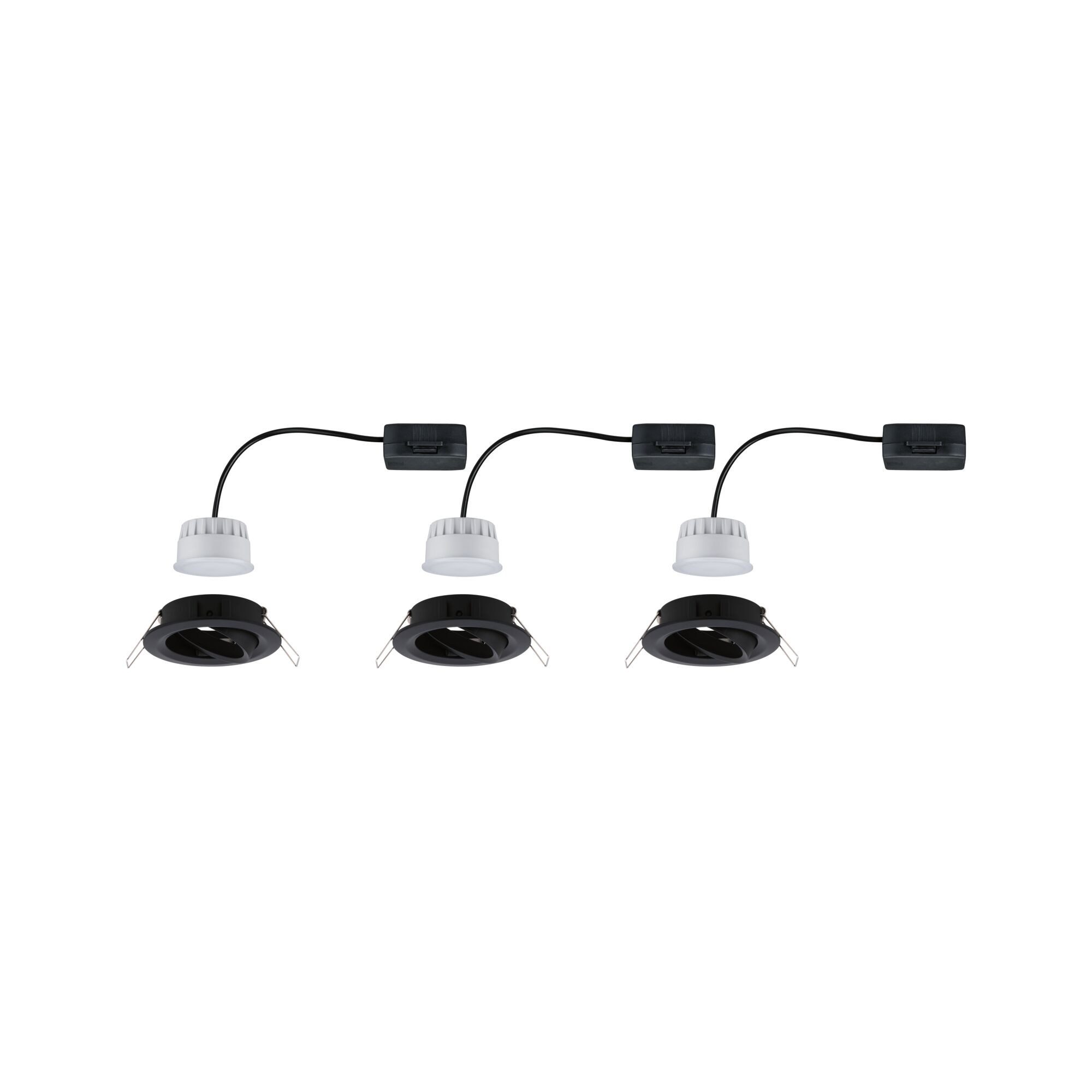 Drie witte LED-inbouwspots met zwarte rand en kabel voor moderne verlichting