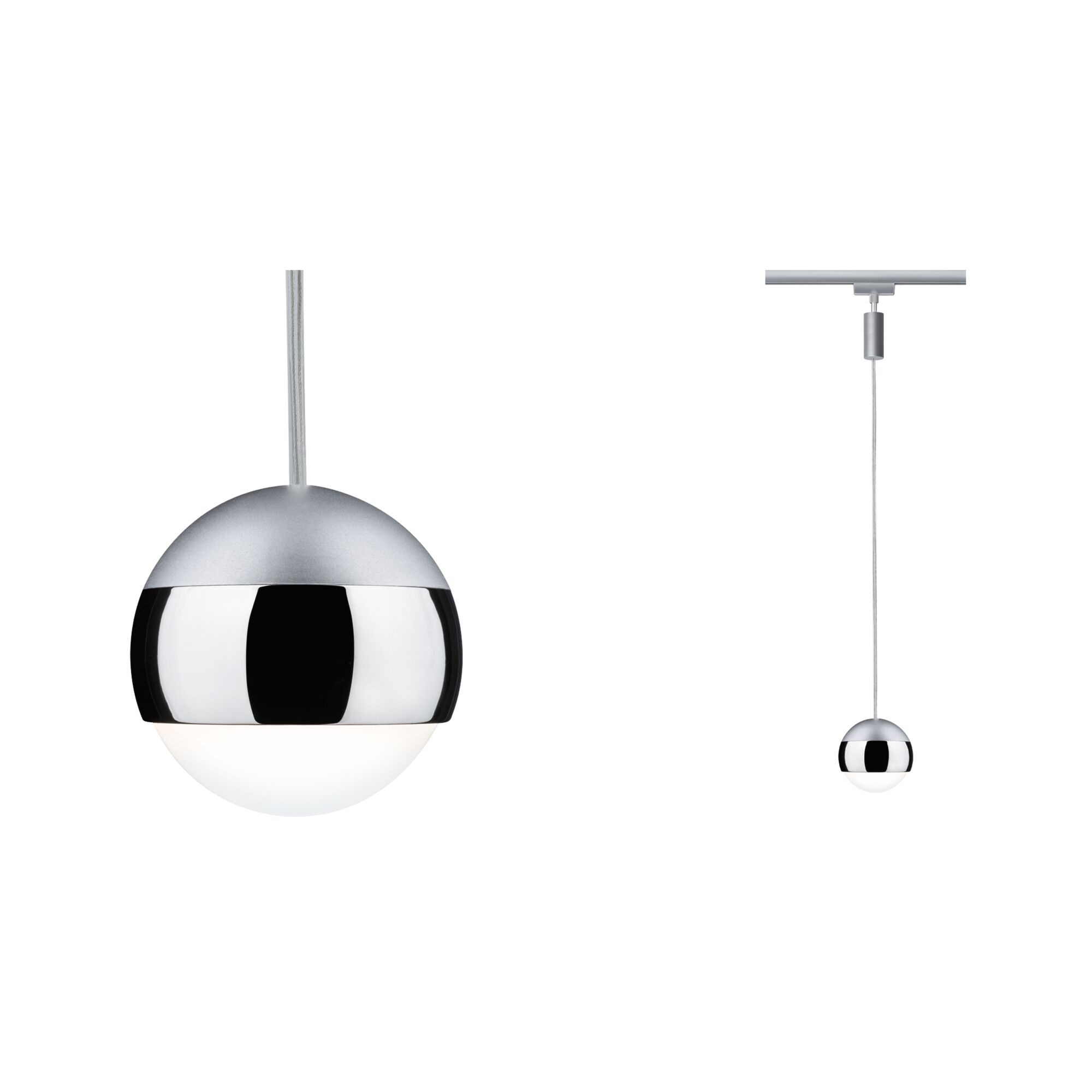 Moderne pendel i sølvmetal med hvid diffusor i kugleform til elegant rumlys