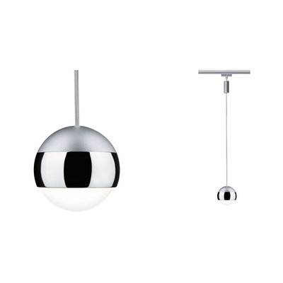 Moderne pendel i sølvmetal med hvid diffusor i kugleform til elegant rumlys