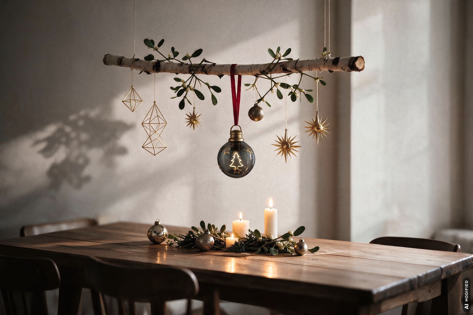 Décoration de Noël avec bois de bouleau, étoiles dorées, boules et bougies sur table en bois sous lumière chaude