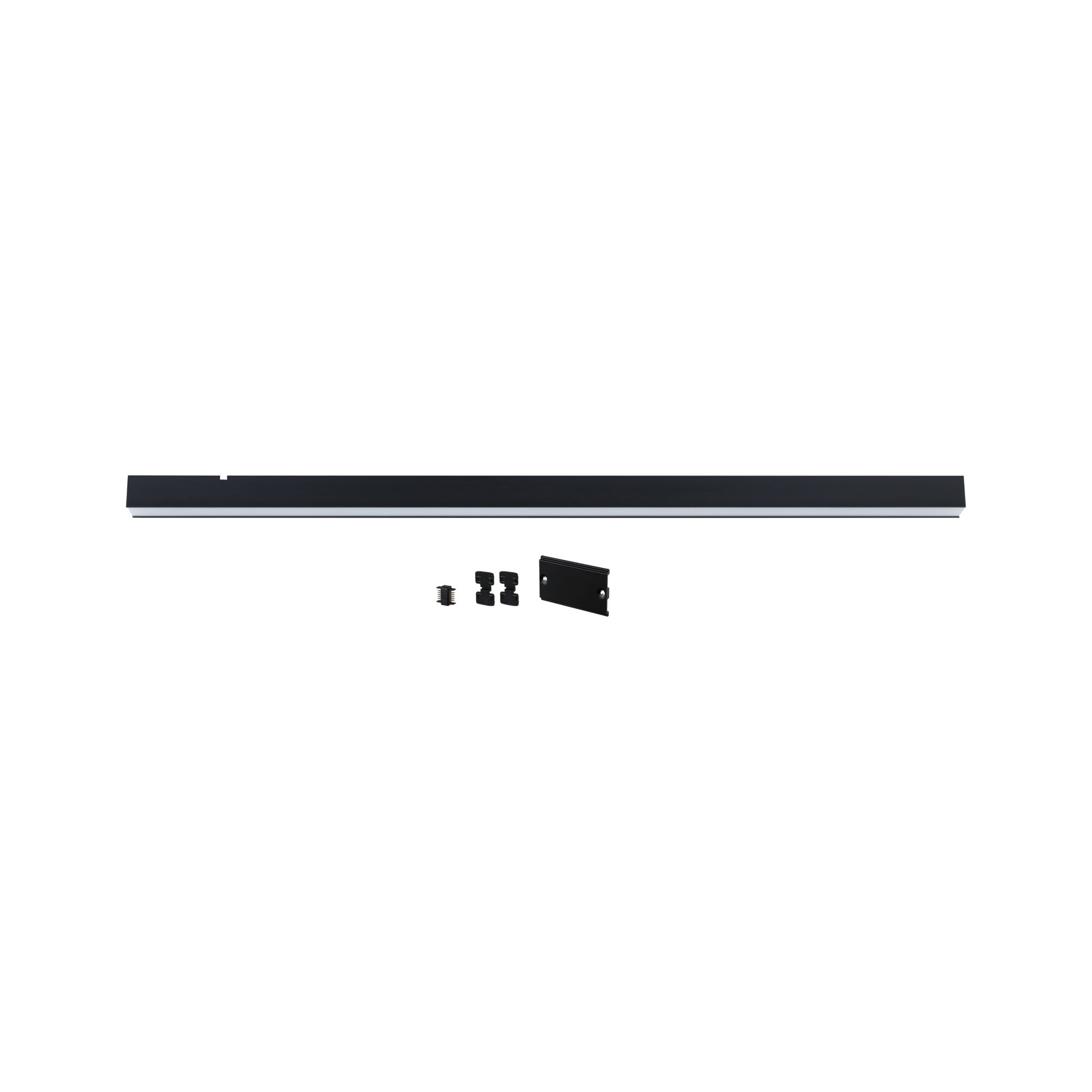 Black LED aluminum rail with accessories for flexible lighting systems, perfect for modern indoor lighting