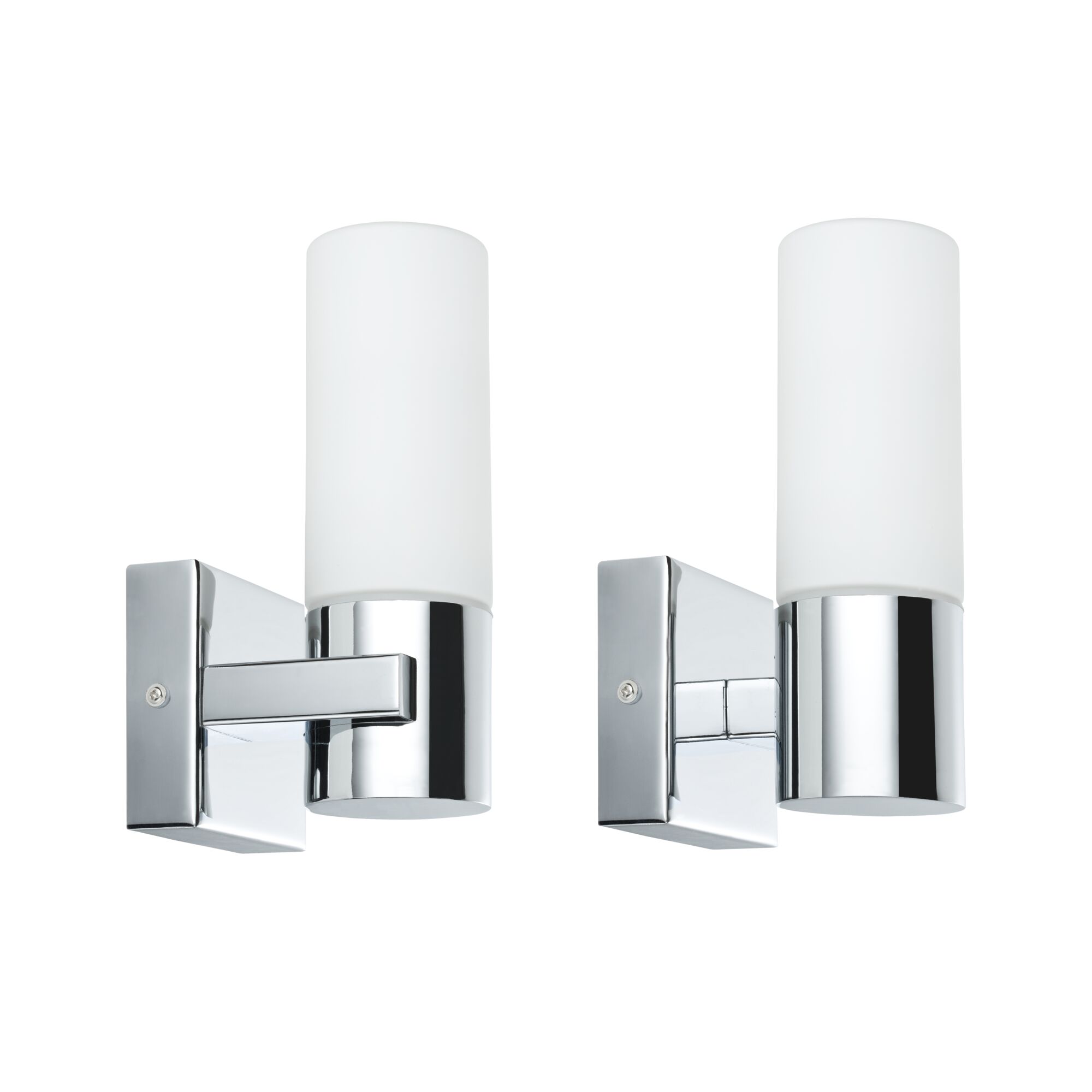 Pair of modern wall lights with chrome metal and white glass, perfect for bathroom lighting fixtures.