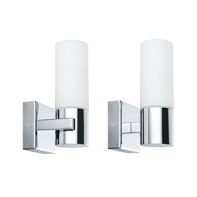 Pair of modern wall lights with chrome metal and white glass, perfect for bathroom lighting fixtures.