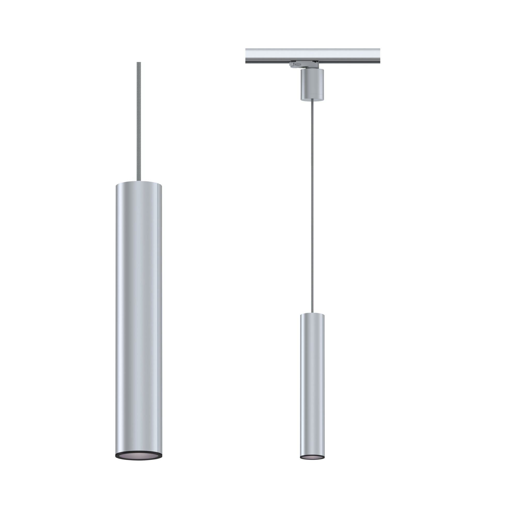 Silberne LED-Pendelleuchte aus Metall mit zylindrischem Design und Seilaufhängung für moderne Innenräume
