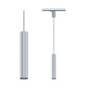 Silberne LED-Pendelleuchte aus Metall mit zylindrischem Design und Seilaufhängung für moderne Innenräume