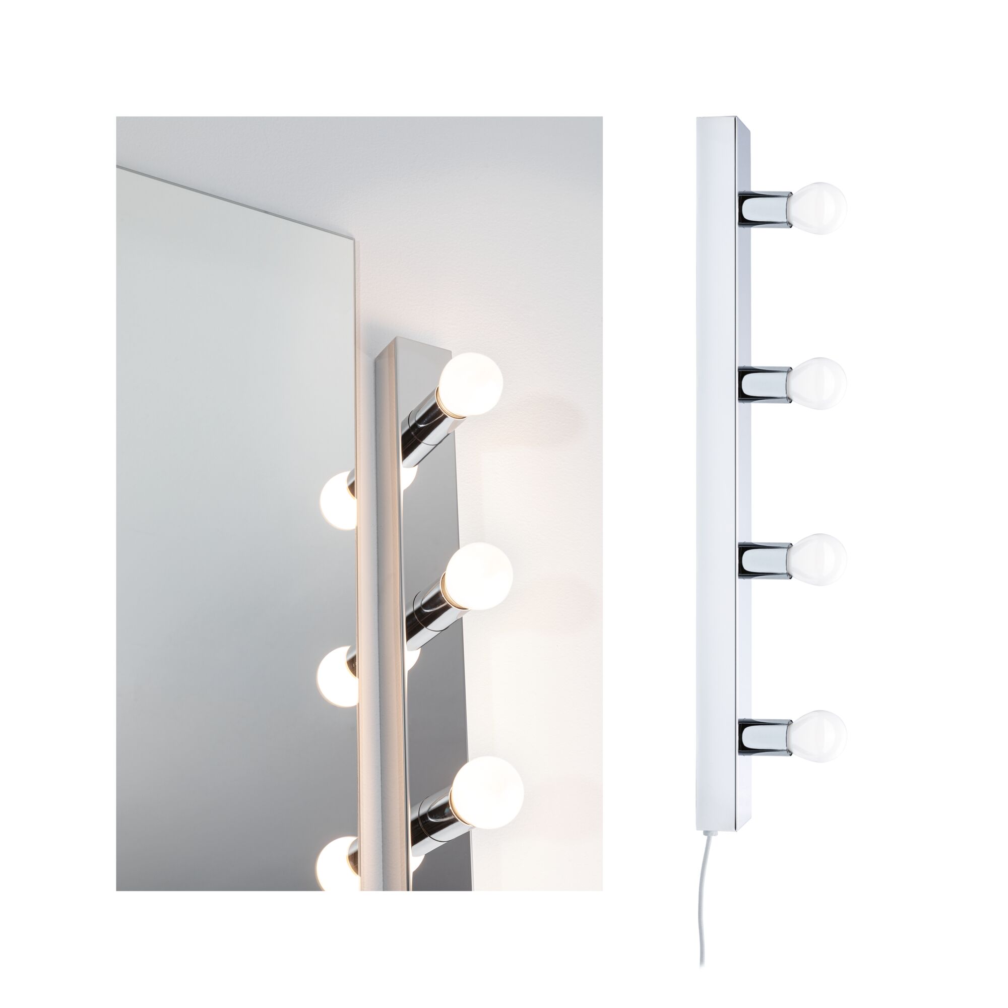 Modern white LED mirror light with four round bulbs for bathroom lighting