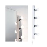 Modern white LED mirror light with four round bulbs for bathroom lighting