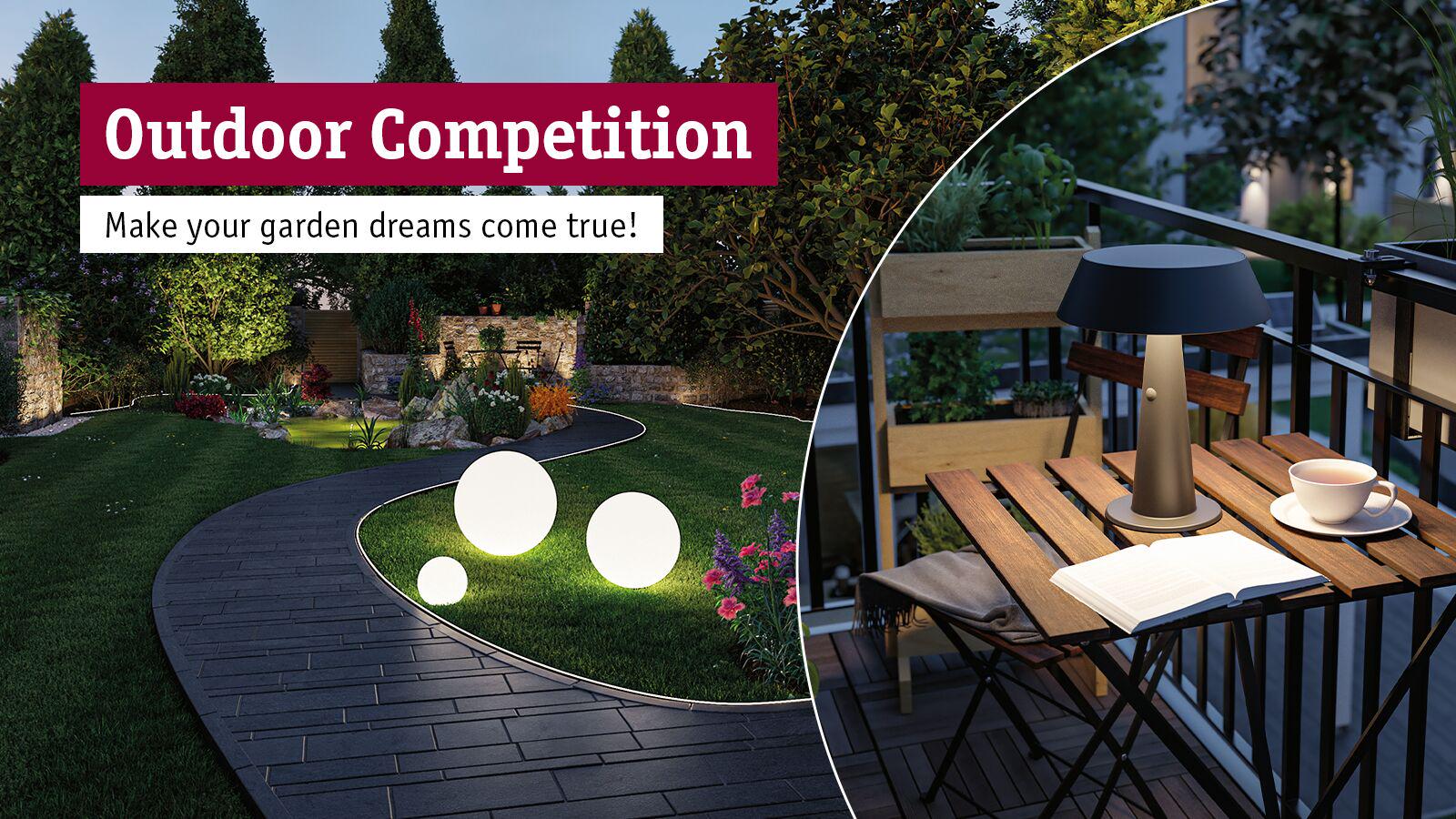 Garden path with round white LED lights and balcony featuring modern black outdoor table lamp