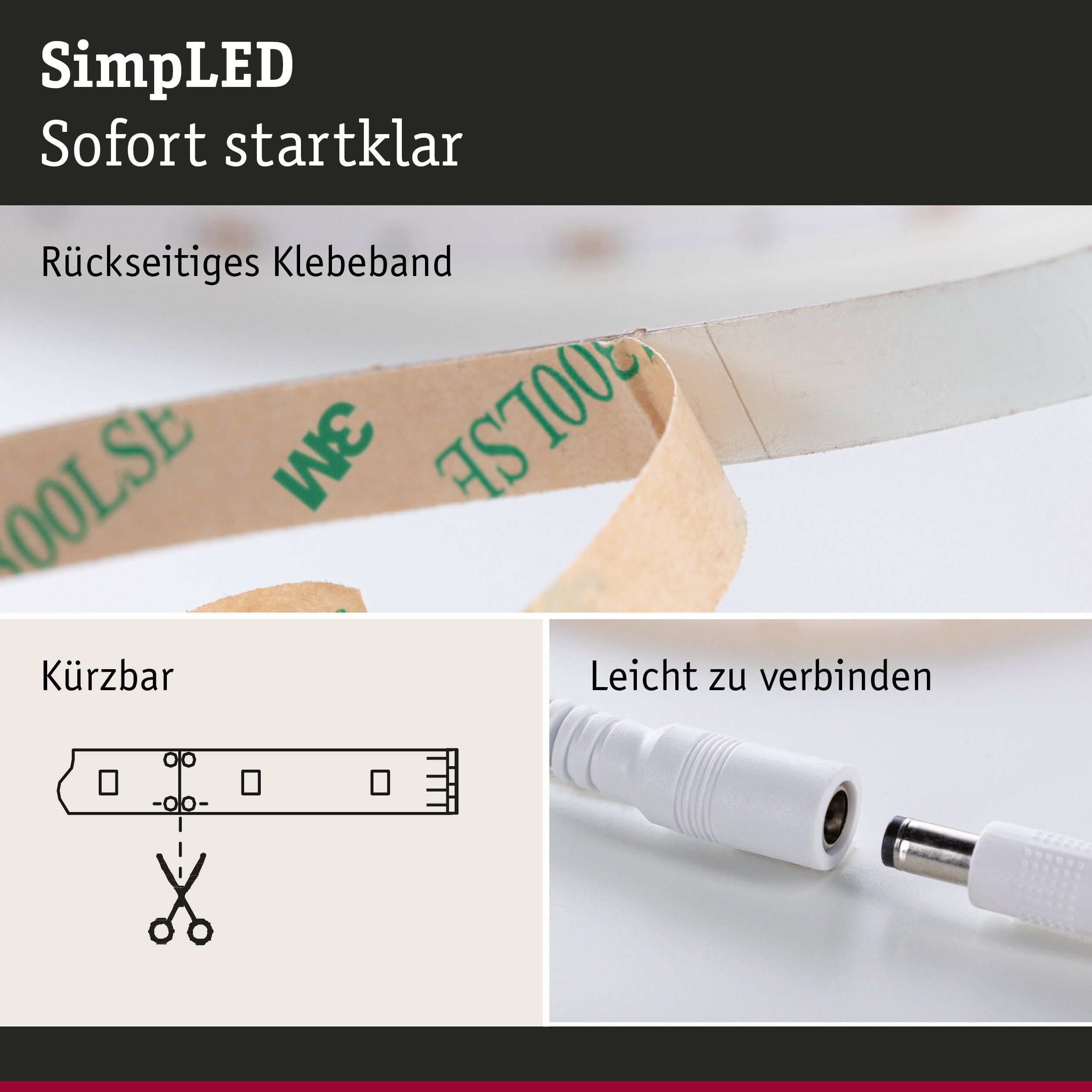 LED-Lichtband mit rückseitigem Klebeband, zuschneidbar und leicht verbindbar für flexible Beleuchtung