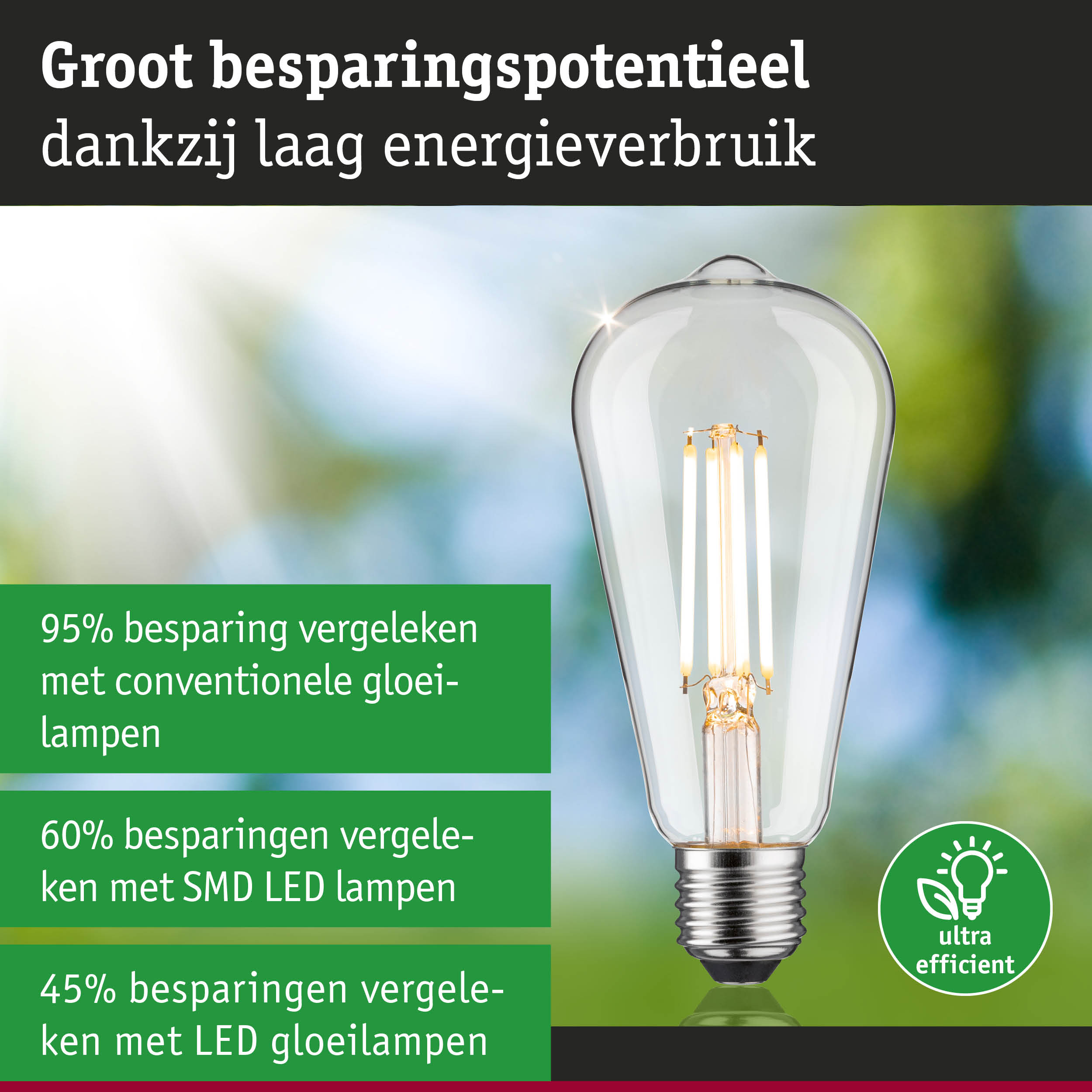 Transparante LED-gloeilamp met zilveren fitting en energiebesparend ontwerp op groen-blauwe achtergrond
