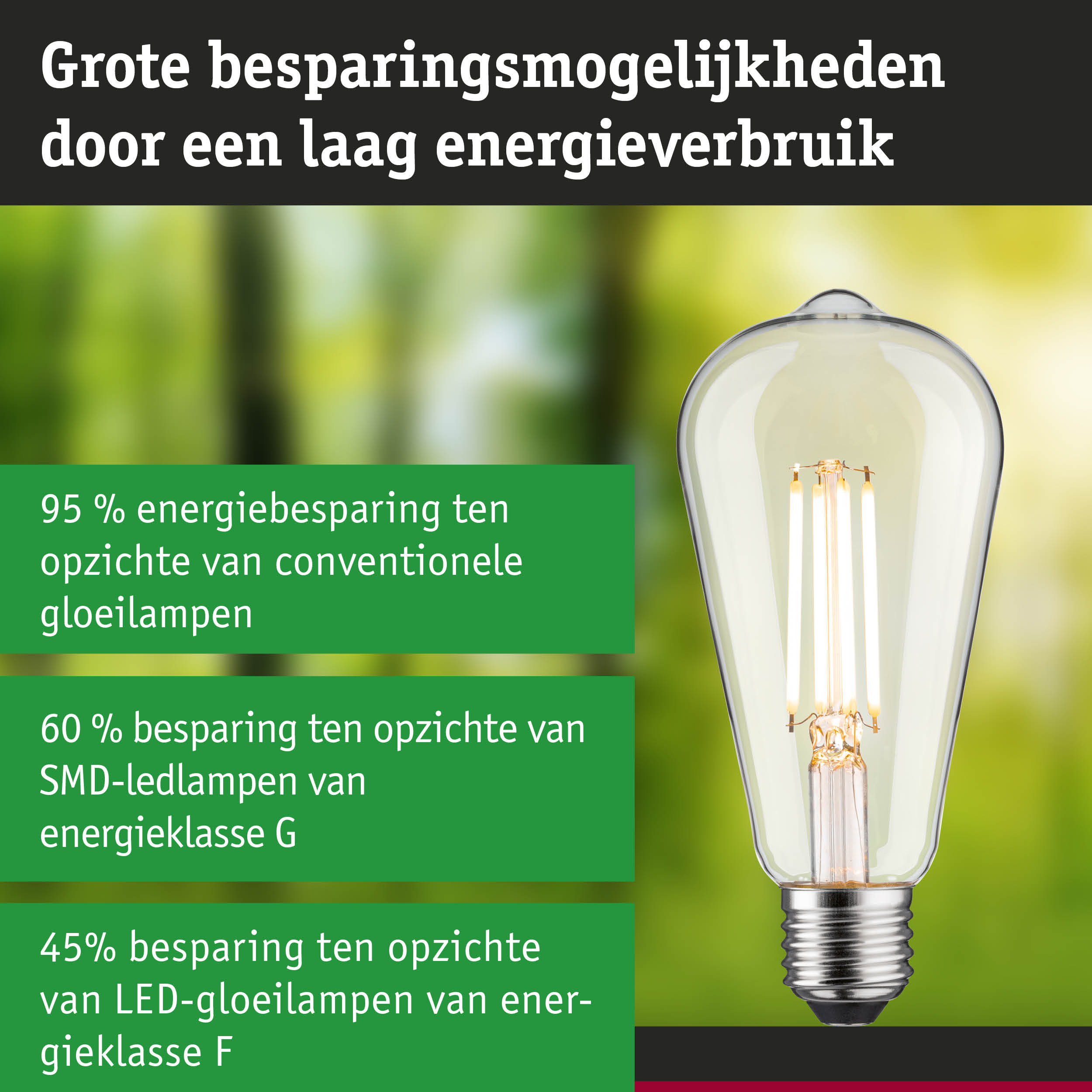 Transparante LED-gloeilamp met zilveren fitting en energiebesparend ontwerp op groen-blauwe achtergrond