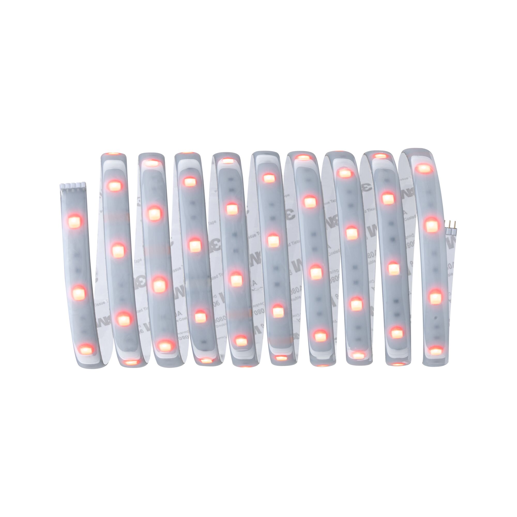 Flexible LED strip light with red LEDs and adhesive backing for versatile lighting solutions.