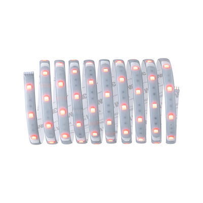 Flexible LED strip light with red LEDs and adhesive backing for versatile lighting solutions.