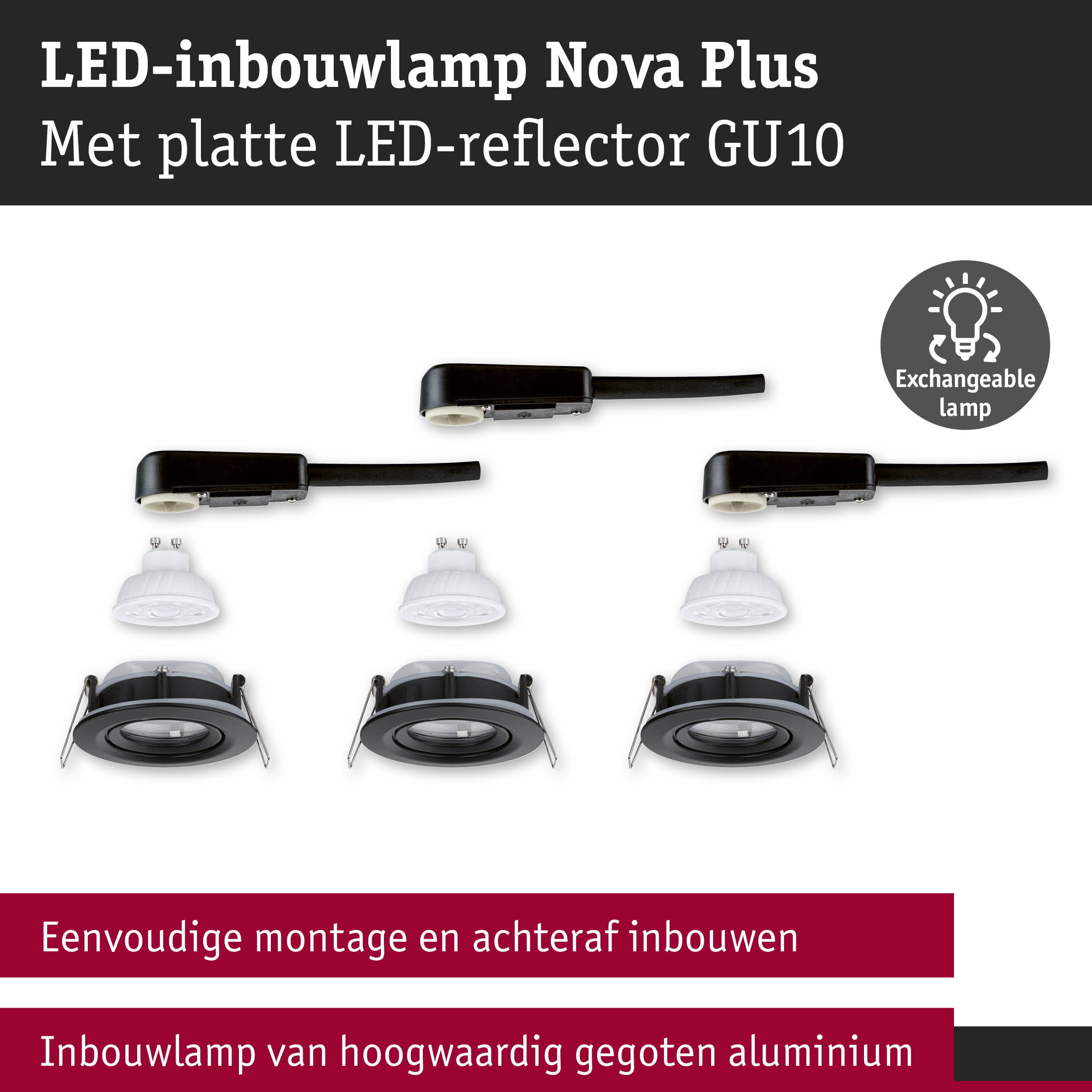 LED-inbouwlamp Nova Plus met platte LED-reflector GU10 en verwisselbare lamp in zwart