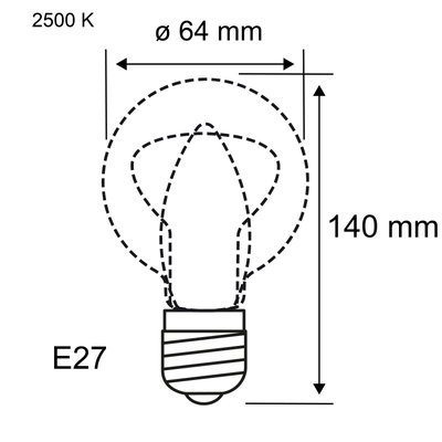 Schéma technique d’une ampoule LED E27 de 64 mm de diamètre, 140 mm de hauteur, couleur lumière 2500 K