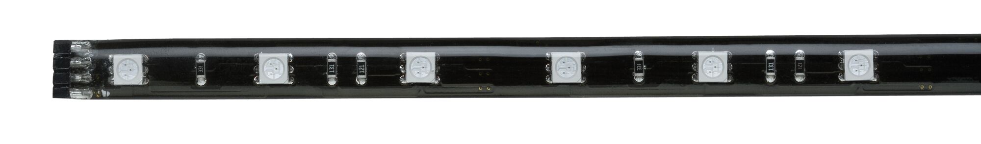 Black LED strip with white LEDs and electronic components for flexible lighting applications.