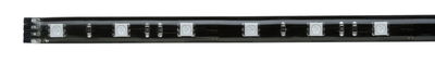 Black LED strip with white LEDs and electronic components for flexible lighting applications.