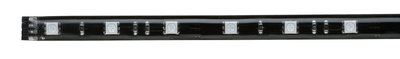 Black LED strip with white LEDs and electronic components for flexible lighting applications.