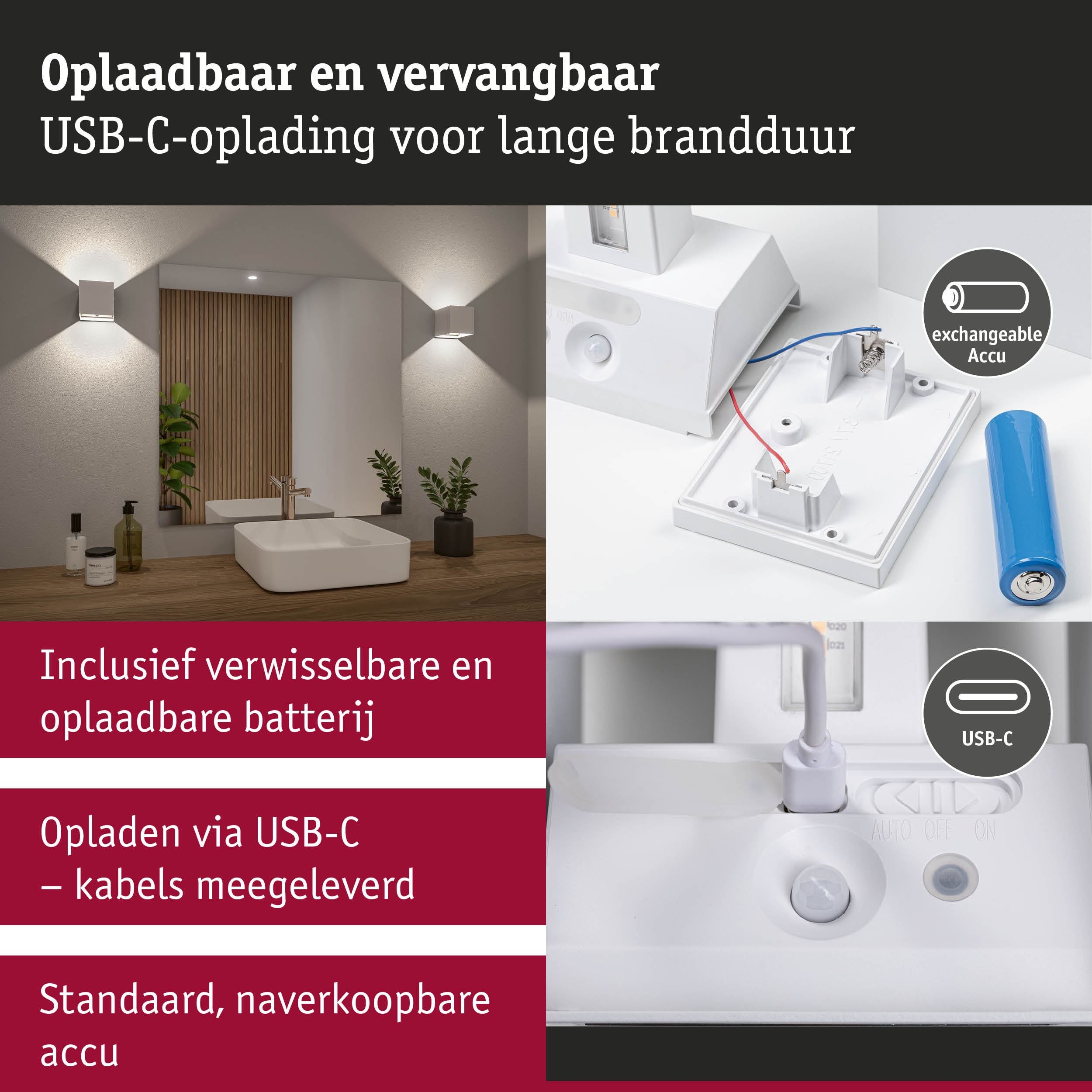 Oplaadbare witte LED-wandlamp met USB-C-oplading en verwisselbare accu voor langdurige verlichting