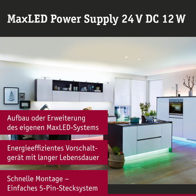 Moderne Küche mit MaxLED Power Supply 24V DC 12W für energieeffiziente LED-Beleuchtung und einfache Montage