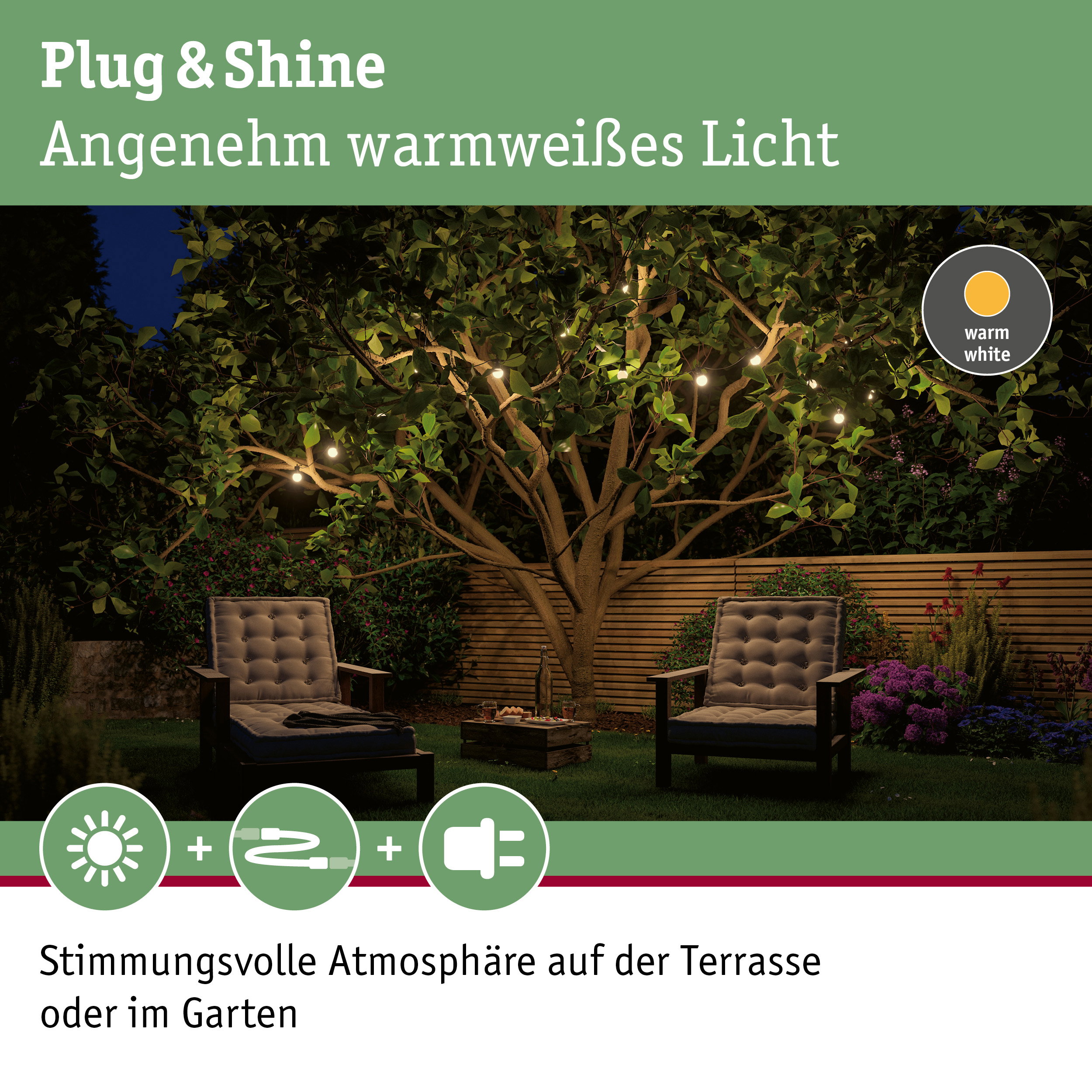 Warmweißes Plug & Shine Licht mit LED-Glühbirnen im Garten für stimmungsvolle Terrasse Beleuchtung