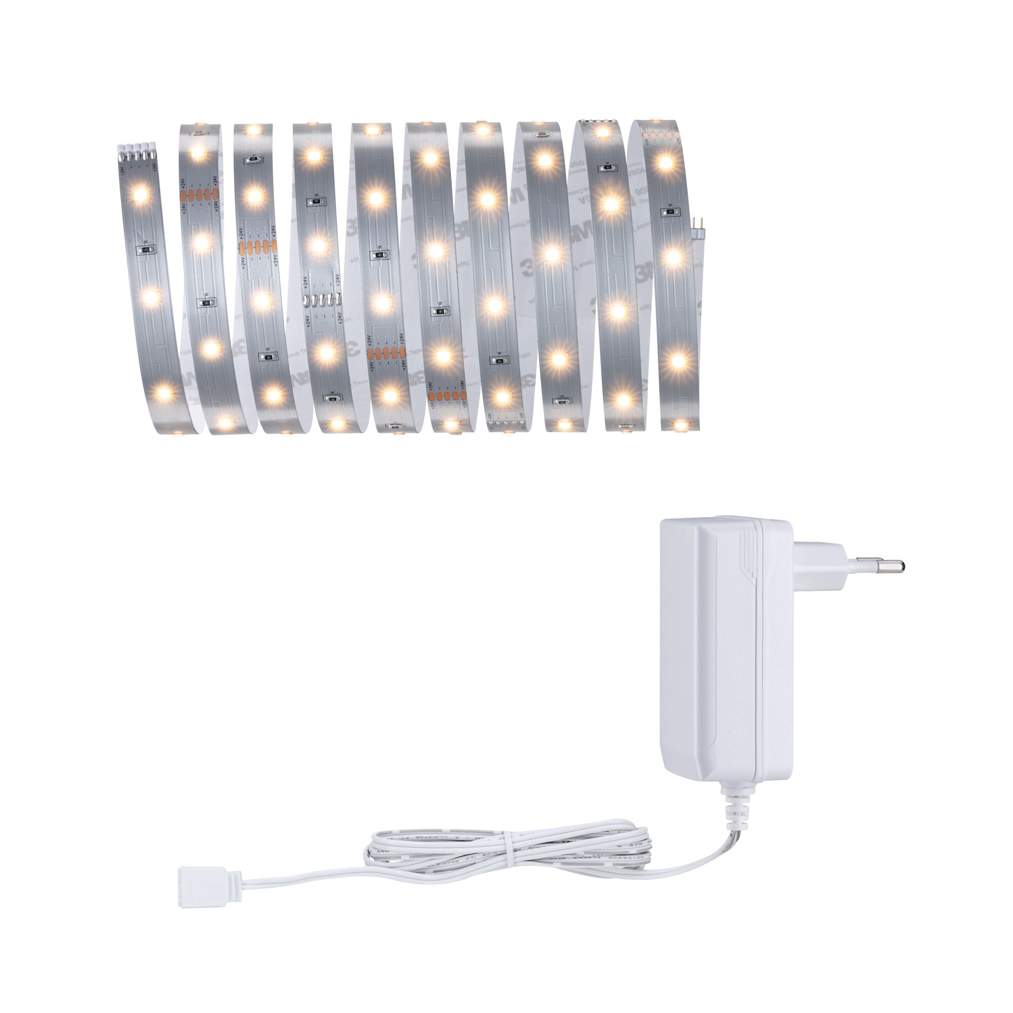 MaxLED 250 LED-lysbånd Basissæt 3m 2700K 3m 12W 300lm/m 30 LEDs/m 2700K 24VA Fleksibel LED-lysstribe med varm hvide lys og hvid strømforsyning til alsidig belysning.