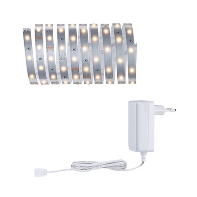 Bande LED flexible avec lumières blanc chaud et adaptateur secteur blanc pour éclairage polyvalent.