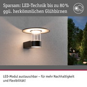 Moderne schwarze LED-Außenwandleuchte mit Glaszylinder an grauer Wand, energiesparende LED-Technik